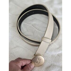 Original CALVIN KLEIN Disk Medallion Belt Gold Buckle Taupe Cream Size S